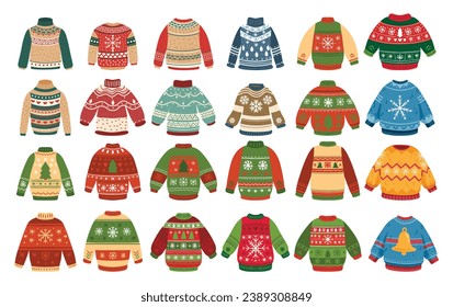 Traje de sudaderas de punto caliente de invierno. Suéteres de Navidad con adornos festivos de invierno, ciervos, muñecos de nieve, dibujos animados picales ilustran el vector. Ropa de invierno de punto de lana