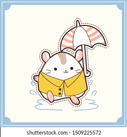 Cute winter white hamster with umbrella and rain coat steping on puddle.