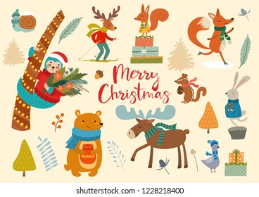 Cute winter wild animals and floral elements. Ideas for postcards and posters. Vector illustrations. Merry Christmas card.