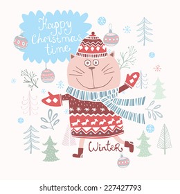 Cute winter wishes card in vector.Merry Christmas background. Funny Cat  in holiday concept.