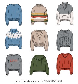 Cute winter wool sweaters and jumpers vector set. for web, stickers, stationary, decor, pakaging. Vector hand drawn isolated illustration on white background