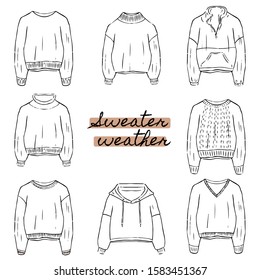 Cute winter wool sweaters and jumpers icons set. Vector printable hand drawn line illustration for banners, colorbooks