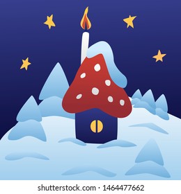 Cute winter Xmas house with a candle chimney on the red mushroom roof and starry sky and snowdrifts around. New year postcard design for children