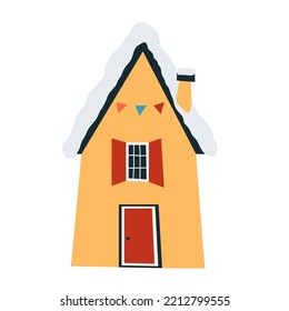 Cute winter yellow house with snow in geometric flat style. Vector Christmas cozy cottage illustration in retro color isolated on white.