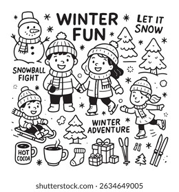 Cute winter-themed illustration with children playing in the snow, snowman, trees, and winter activities like sledding and ice skating. Includes text phrases like 'Winter Fun' and 'Let it Snow'.