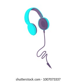 Cute wired headphones, earphones with cord and plug, flat style vector illustration isolated on white background. Flat style picture of blue wired headphones, earphones