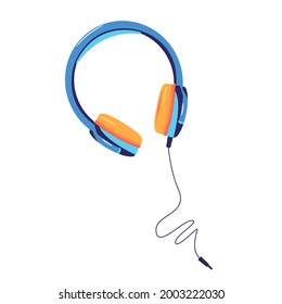 Auriculares con cable, audífonos con cable y enchufe, ilustración vectorial de estilo plano aislada en fondo blanco. Imagen plana de auriculares con cable azul, audífonos
