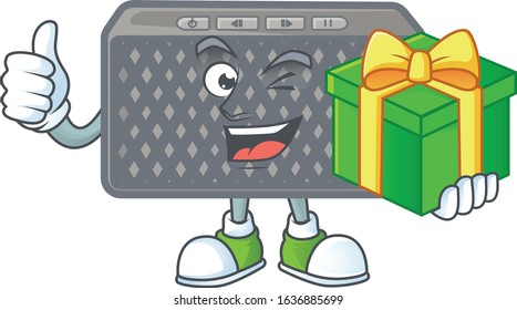 Cute wireless speaker character holding a gift box