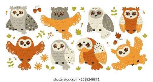 Lindos pájaros de búho sabio personajes forestales y hojas de árboles de otoño, bellotas de roble, bayas y flores conjunto de Elementos de diseño. Tarjeta de felicitación de otoño decorativa de la mascota del bosque imprime la Ilustración vectorial