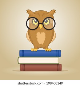 Cute wise owl with eyeglasses standing on the books vector cartoon illustration