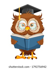 Búho sabio y lindo libro de lectura. Caricatura divertida de búho, de vuelta al concepto escolar. Ilustración del vector sobre fondo blanco