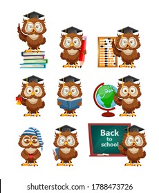 Cute Wise Owl, Set Of Nine Poses. Funny Owl Cartoon Character, Back To School Concept. Vector Illustration