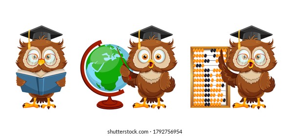 Cute wise owl, set of three poses. Funny owl cartoon character, back to school concept. Vector illustration 