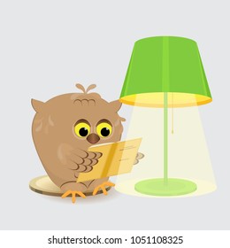 cute wise owl sitting at the lamp with a lampshade and reading a book.Isolated.Gray background.Vector illustration