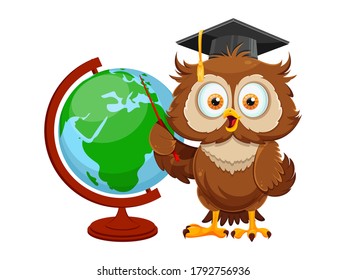 Cute wise owl standing near globe. Funny owl cartoon character, back to school concept. Vector illustration on white background