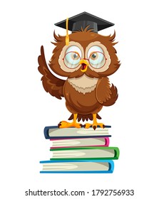 Cute wise owl standing on books. Funny owl cartoon character, back to school concept. Vector illustration on white background