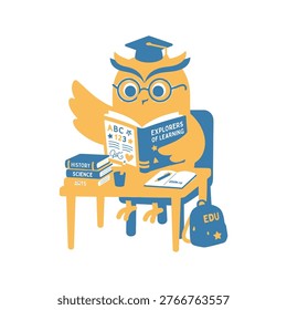 Cute Wise Owl Student Reading Book at School Desk Education Concept Illustration