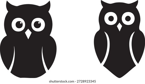 Conjunto de ilustração vetorial bonito de coruja sábia: Silhuetas noturnas de pássaros para educação, sabedoria e desenhos infantis