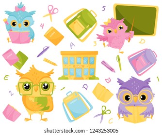 Cute wise owls and school supplies, school education and knowledge concept vector Illustration