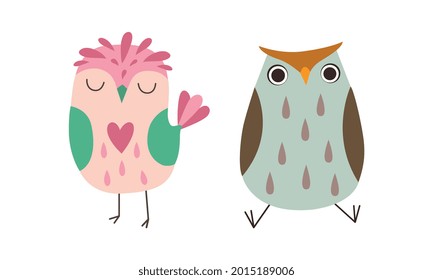 Cute Wise Owls Set, Beautiful Adorable Owlets Cartoon Vector Illustration