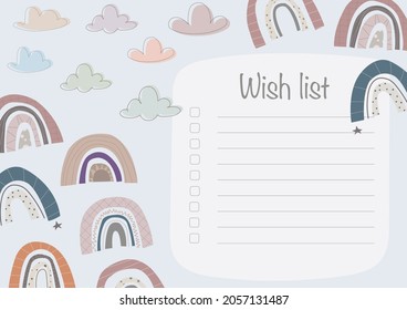 Cute wish list with rainbows: page template. Hand drawn graphic for Christmas, holiday and daily. Vector illustration on blue background.
