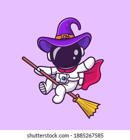 Cute Witch Astronaut Flying With A Magic Broom Cartoon Vector Icon Illustration. Science Holiday Icon Concept Isolated Premium Vector. Flat Cartoon Style