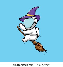 Cute Witch Astronaut Riding Magic Broom Cartoon Vector Icon Illustration. Science Holiday Icon Concept Isolated Premium Vector. Flat Cartoon Style