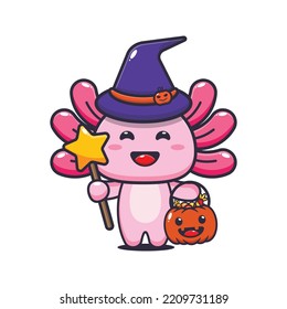 
Cute witch axolotl in halloween day. Cute halloween cartoon illustration.