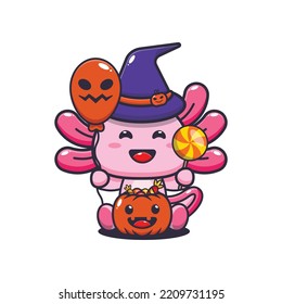 Cute witch axolotl holding halloween balloon and candy. Cute halloween cartoon illustration. 