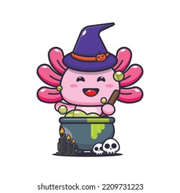 Cute witch axolotl making potion in halloween day. Cute halloween cartoon illustration.