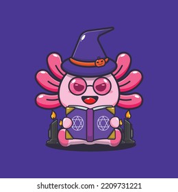 Cute witch axolotl reading spell book. Cute halloween cartoon illustration.