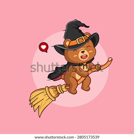 Cute Witch Bear Flying on Broomstick Cartoon Vector Illustration Kawaii Animal Halloween Theme