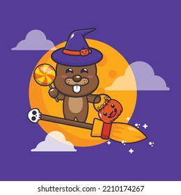 El castor de bruja linda vuela con escoba en la noche de Halloween. Ilustración de dibujos animados de Halloween.