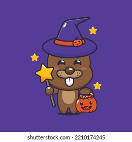 Cute witch beaver in halloween day. Cute halloween cartoon illustration.