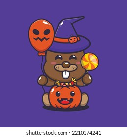 Cute witch beaver holding halloween balloon and candy. Cute halloween cartoon illustration. 