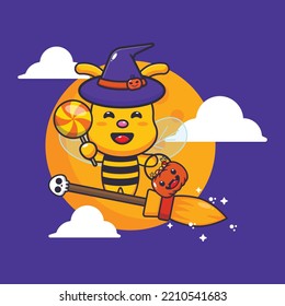 Cute witch bee fly with broom in halloween night. Cute halloween cartoon illustration.