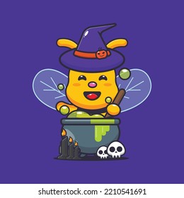 Cute witch bee making potion in halloween day. Cute halloween cartoon illustration.