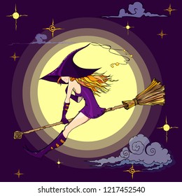 Cute witch in a big hat flies on a broomstick Vector illustration for Halloween