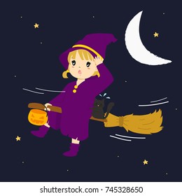 cute witch with a black cat flying on a broomstick in a starry night. Halloween cartoon vector