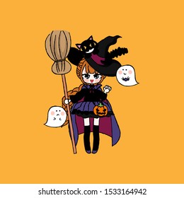 cute witch with black cat and ghosts in halloween day