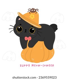 Cute Witch Black Cat Halloween on pumpkin Cartoon. Mischievous kitty animal illustration. Perfect for adding a whimsical touch to project.