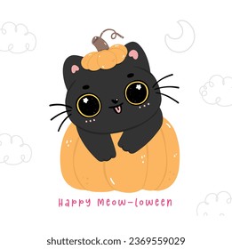 Cute Witch Black Cat Halloween on pumpkin Cartoon. Mischievous kitty animal illustration. Perfect for adding a whimsical touch to project.