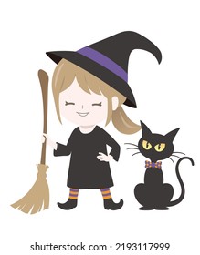 Cute Witch With A Black Cat Holding Her Magic Brooms Isolated On A White Background. Vector Halloween Illustration. 