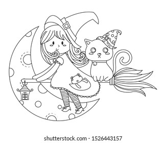 Cute witch and black cat on broomstick flying in the night sky with crescent moon vector illustration cartoon. Halloween witch and black cat cartoon colorless for coloring book. 