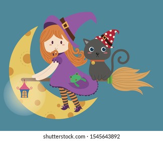 Cute witch and black cat on broomstick flying in the night sky with crescent moon vector illustration cartoon. Halloween witch and black cat cartoon. 