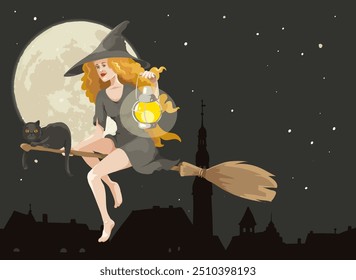 Cute witch with a black cat on a broomstick over the night city. Vector illustration in watercolor painting style. Background for Halloween. EPS 10.	