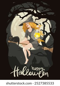 Cute witch with a black cat on a broomstick over the night city. Creepy picture with dry trees against the background of the full moon. Vector illustration, poster for Halloween.