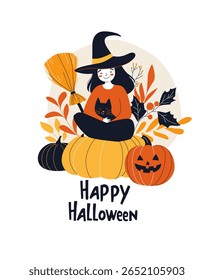 Bruxa Bonitinha com Gato Preto Sentado na Abóbora Acolhedor Ilustração de Halloween. Cartão Feliz outono Halloween com Bruxa, Abóboras Jack-o-Lantern, e folhas. Arte vetorial plana.