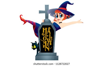A cute witch and a black cat stand behind a gravestone. Isolated.