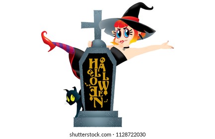 A cute witch and a black cat stand behind a gravestone. Isolated.